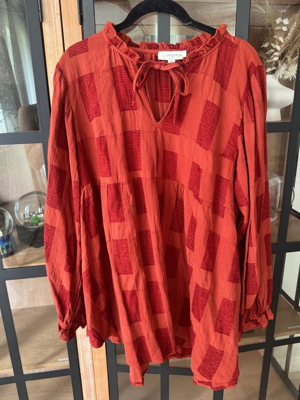Umgee rust tunic top blouse long sleeve chenille babydoll tie front plus texture